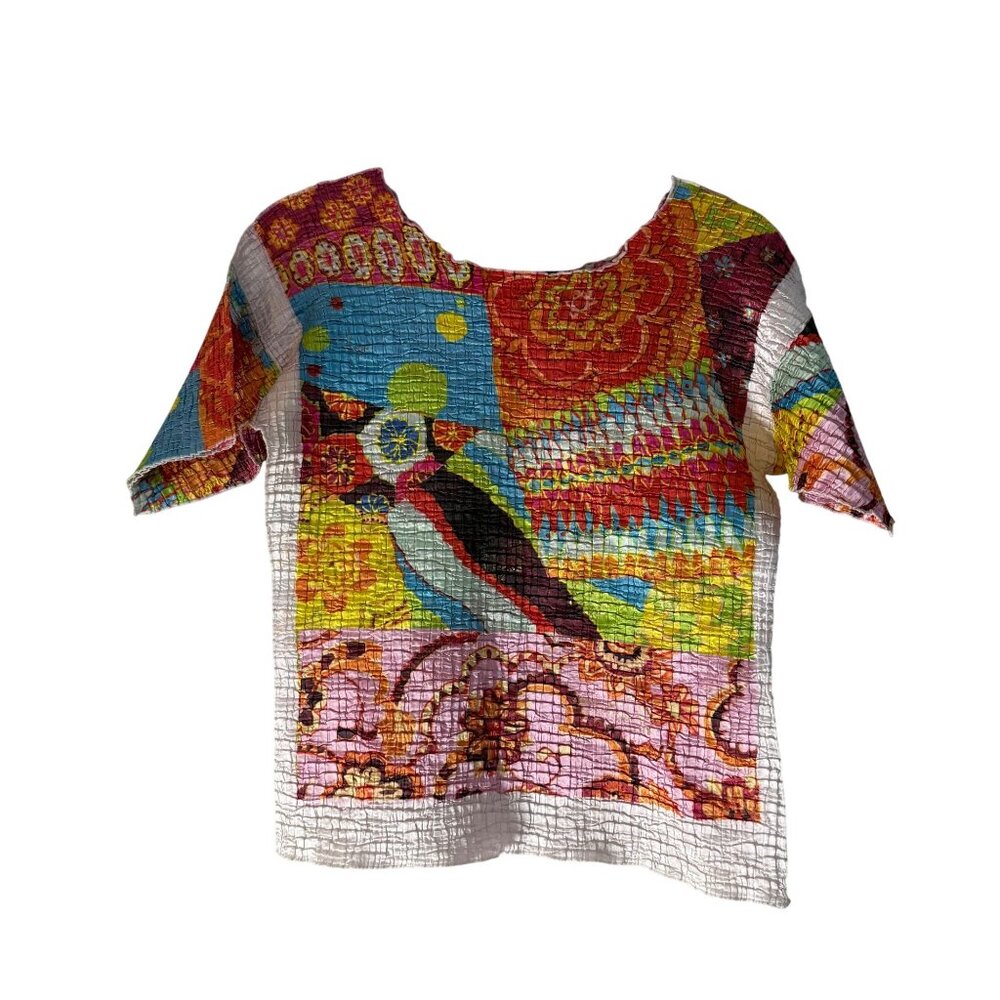 C'est Duo Colorful Eclectic Whimsical Floral Crinkle Wonder Tee Womens Medium